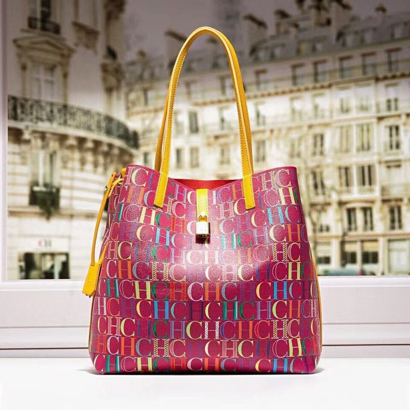 100% genuine leather big tote bag for women fashion ch print