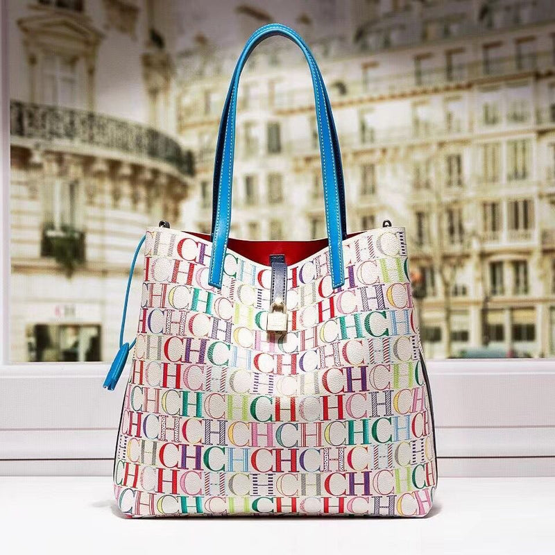 100% genuine leather big tote bag for women fashion ch print