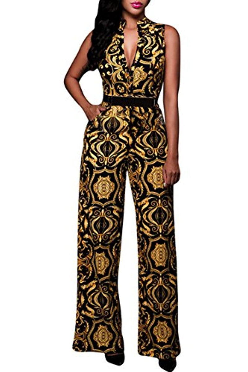 pink queen womens button up printed long wide leg pant party jumpsuits with belt