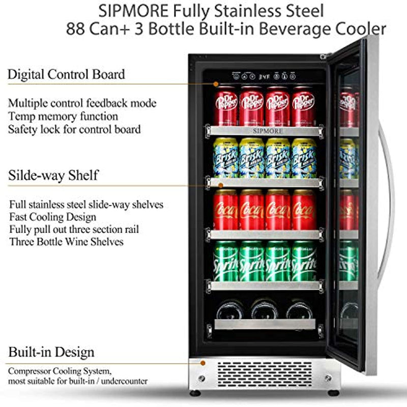 beverage refrigerator 15 inch stainless steel shelf 88 can