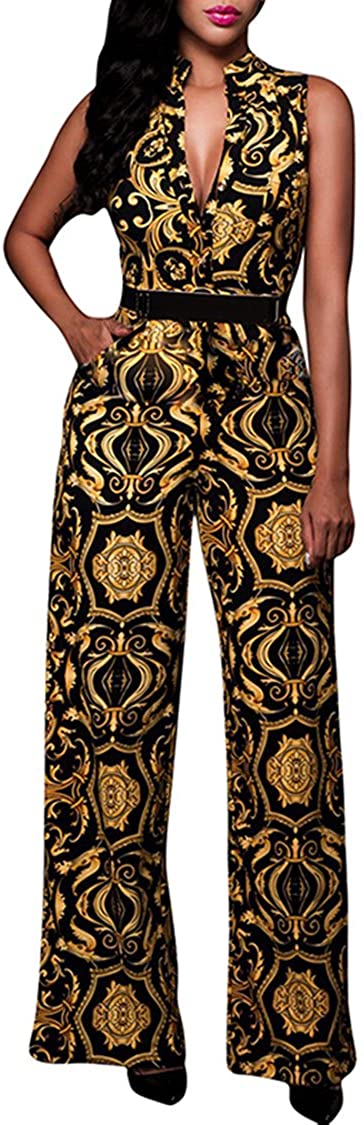pink queen womens button up printed long wide leg pant party jumpsuits with belt