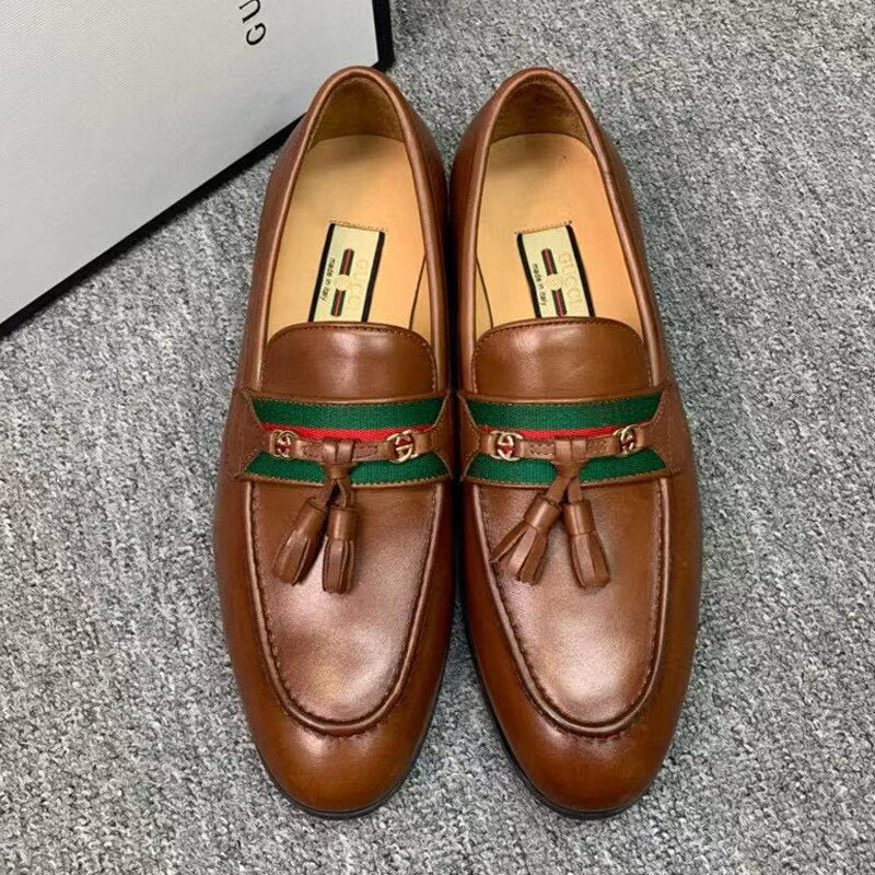 horsebit calf leather classic loafers  fashion tassel stripe web