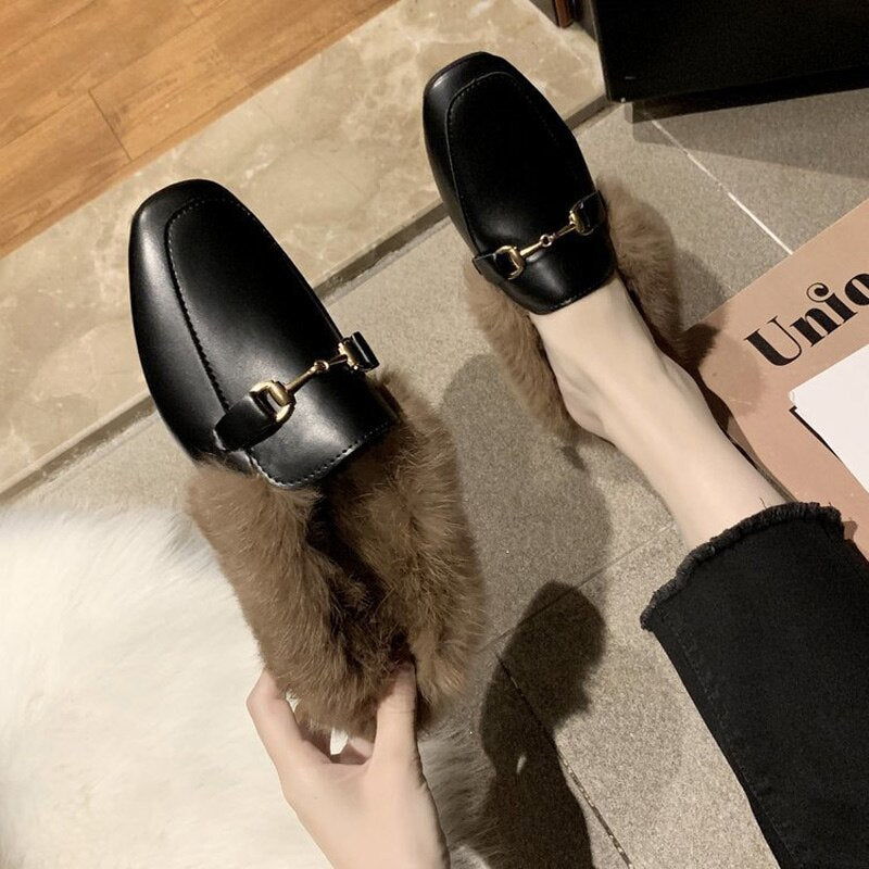 plush women mules slippers slip on warm woman slipper faux fur flat
