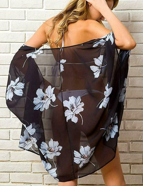 summer women chiffon floral kimono beach cardigan sheer cover up