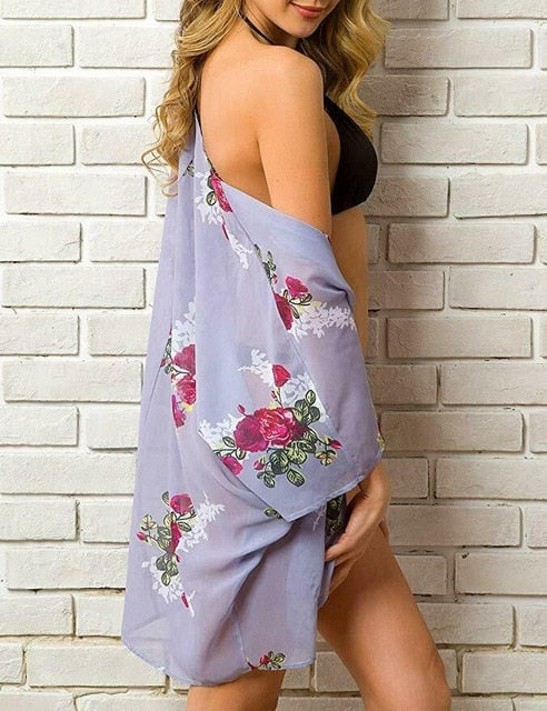 summer women chiffon floral kimono beach cardigan sheer cover up