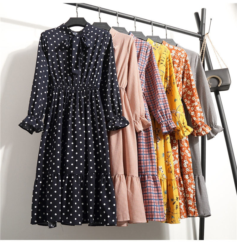 women casual autumn dress lady korean style vintage floral printed