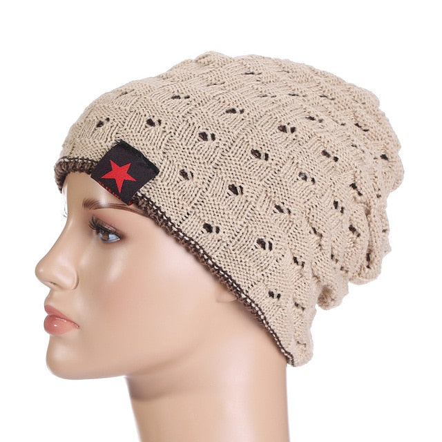 winter warm men star skull chunky hat women knit beanie reversible baggy snow cap male oversize cap warm causal accessories beige / one size
