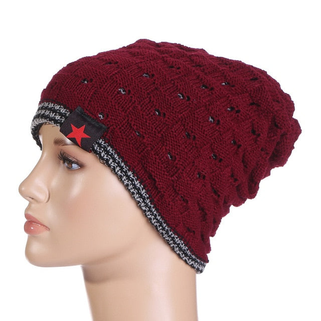 winter warm men star skull chunky hat women knit beanie reversible baggy snow cap male oversize cap warm causal accessories wine / one size
