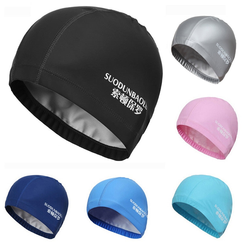 elastic waterproof pu fabric protect ears long hair sports swim pool hat