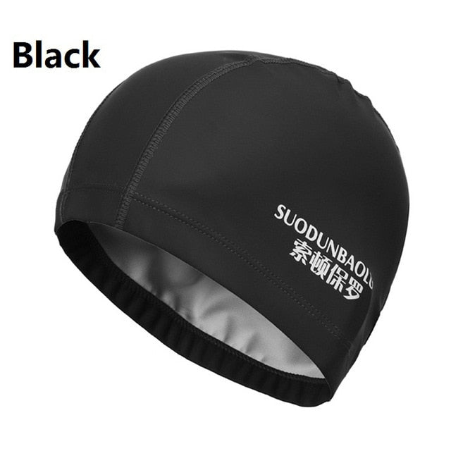 elastic waterproof pu fabric protect ears long hair sports swim pool hat black
