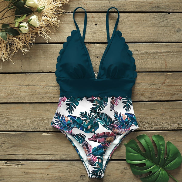 sexy one piece swimsuits female shoulder floral women swimwear