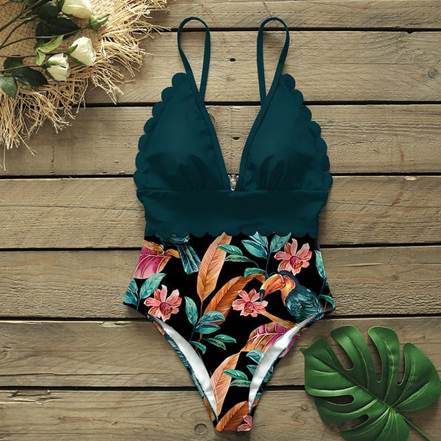 sexy one piece swimsuits female shoulder floral women swimwear