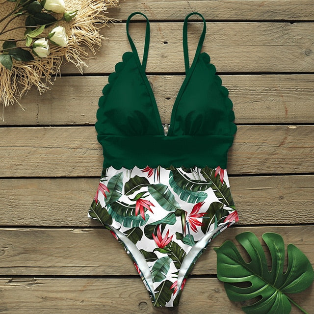 sexy one piece swimsuits female shoulder floral women swimwear
