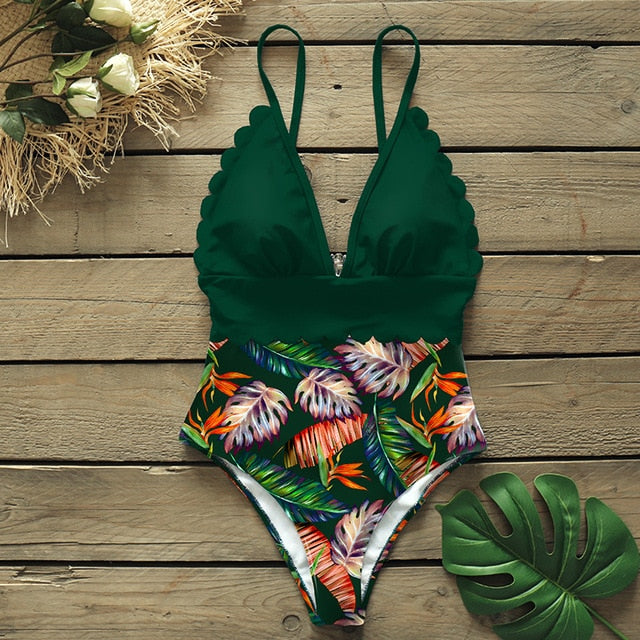 sexy one piece swimsuits female shoulder floral women swimwear