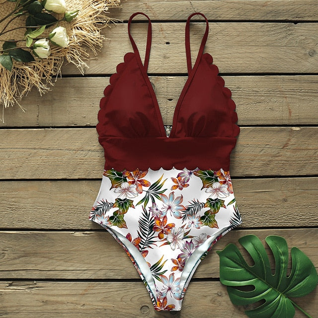 sexy one piece swimsuits female shoulder floral women swimwear