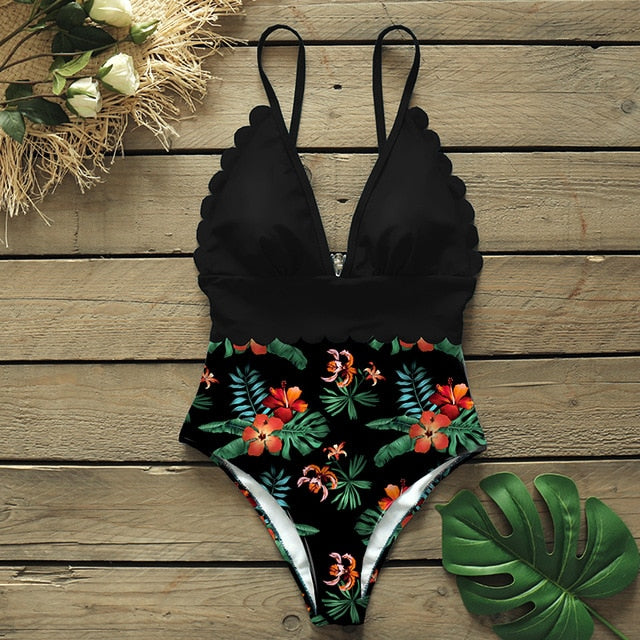 sexy one piece swimsuits female shoulder floral women swimwear