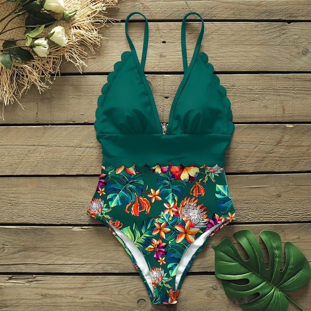 sexy one piece swimsuits female shoulder floral women swimwear