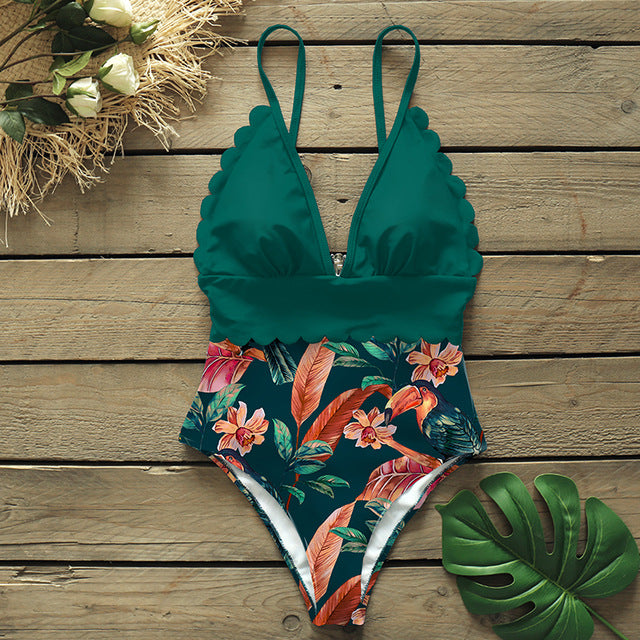 sexy one piece swimsuits female shoulder floral women swimwear