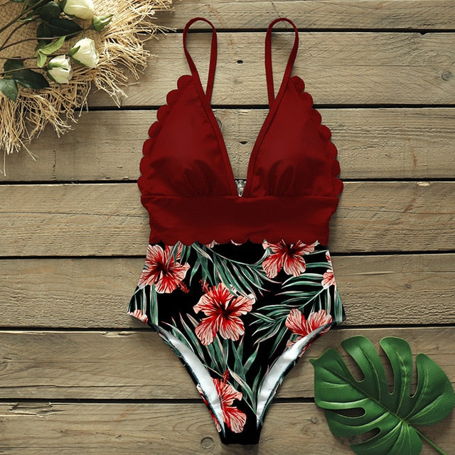 sexy one piece swimsuits female shoulder floral women swimwear