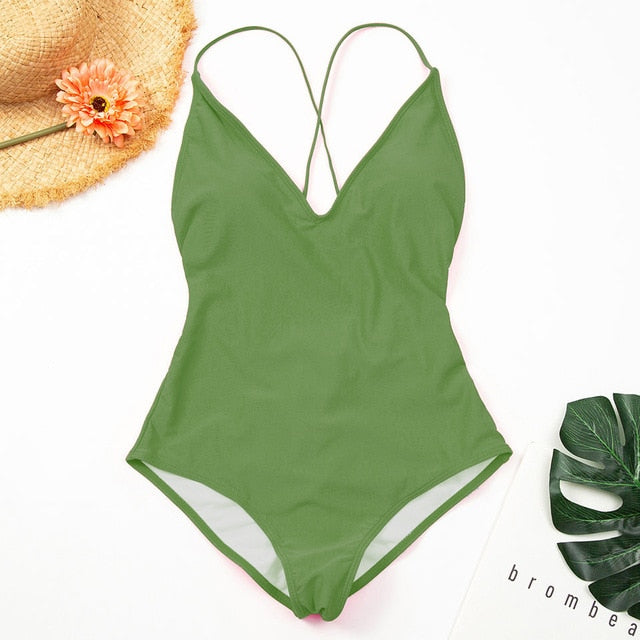 new women solid swimwear sexy bandage one piece swimsuit