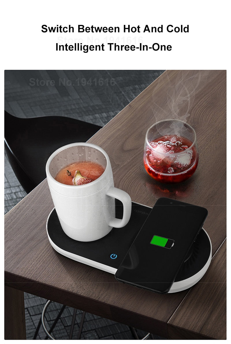 jb wireless qi-certified charging dock with mug warmer and drink cooler